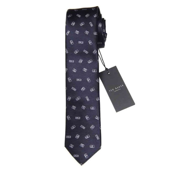 Ted Baker London Silk Tie Navy Blue Gray Cameras Pattern Men's - Picture 1 of 2